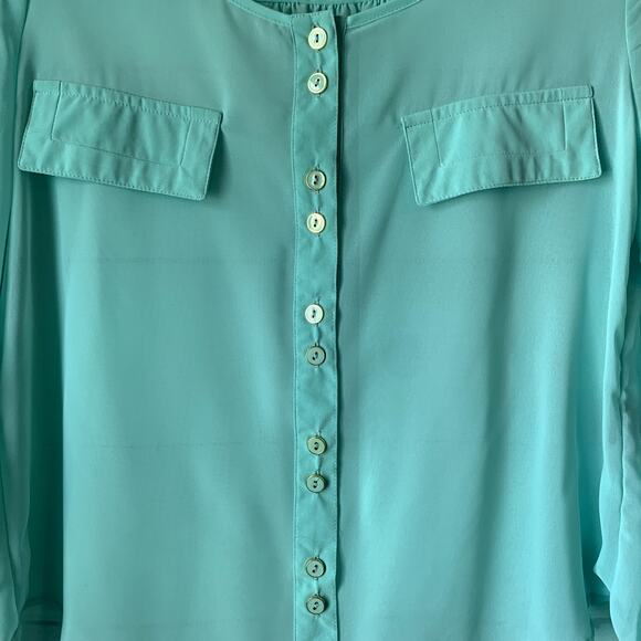 Pearl Teal Button Up Blouse Sheer with Long Sleeves Scoop Neckline Size M - Picture 13 of 15